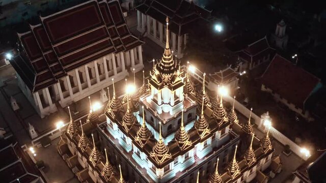 Aerial view of Loha Prasat temple in Bangkok old town in Thailand. High quality 4k footage