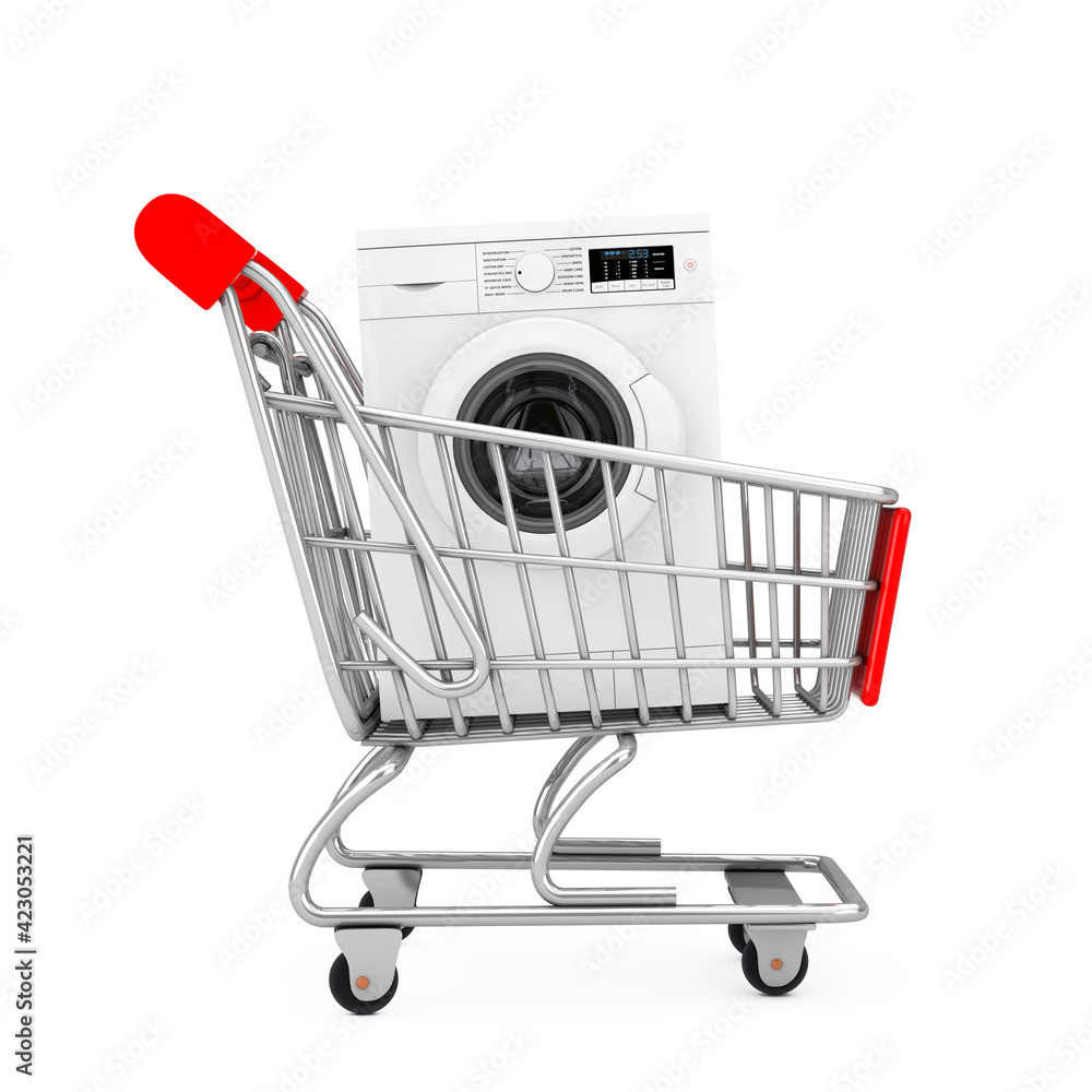 Poster modern white washing machine in shopping cart trolley. 3d rendering