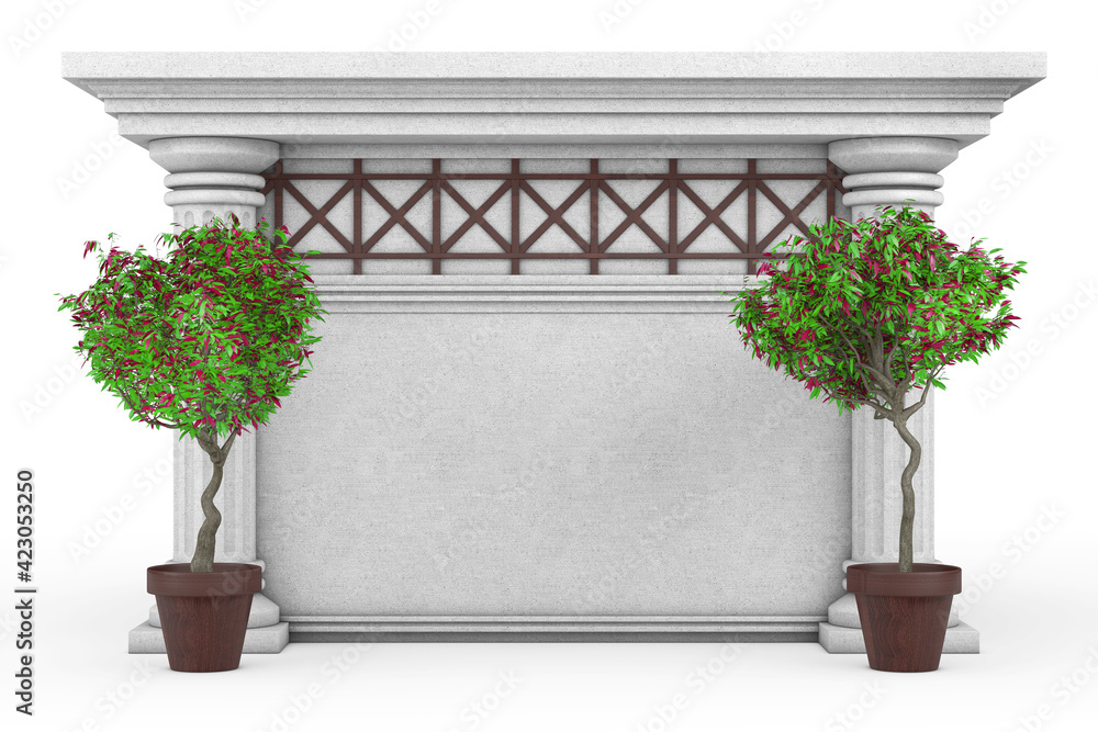 Aufkleber Antique Building with Columns, Green Ornamental Trees and Empty Spase for Yours Design. 3d Rendering