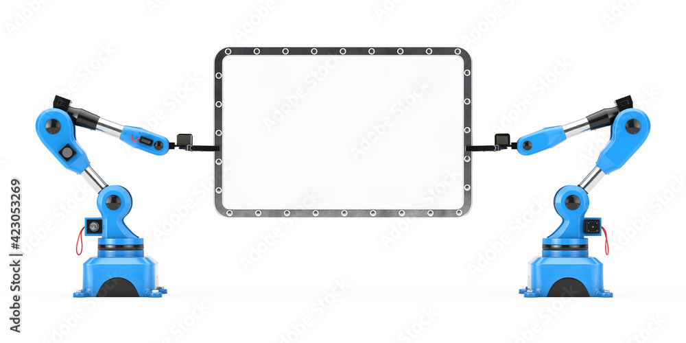 Poster industrial mechanical robotic hand arm manipulators and white banner with free space for your design