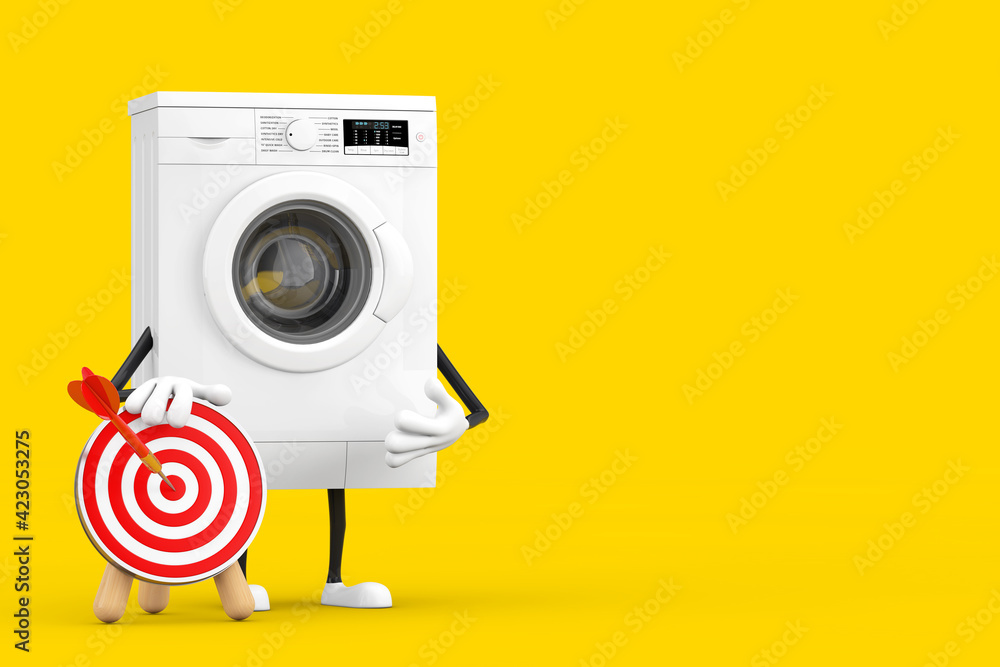 Aufkleber modern white washing machine mascot character with archery target and dart in center. 3d rendering