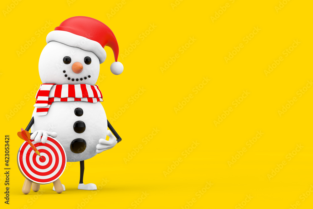 Aufkleber Snowman in Santa Claus Hat Person Character with Archery Target with Dart in Center. 3d Rendering