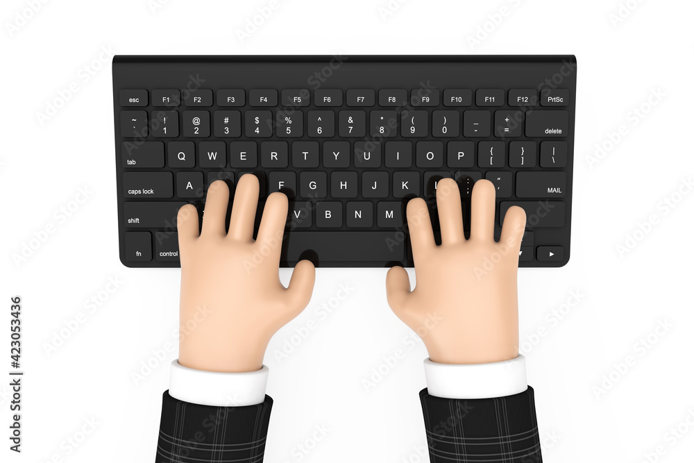 Poster black modern computer keyboard with cartoon person hands. 3d rendering
