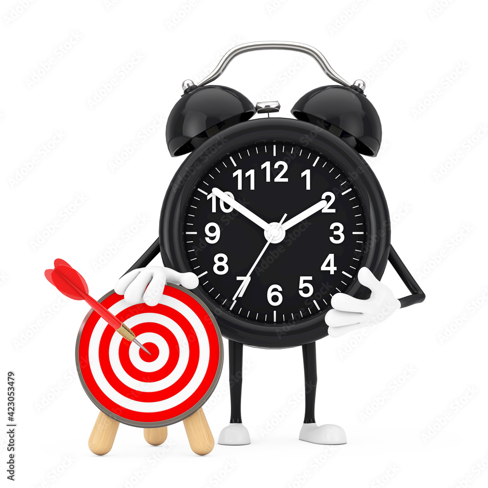 Fototapete Alarm Clock Mascot Person Character with Archery Target with Dart in Center. 3d Rendering