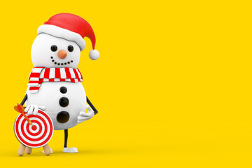Snowman in Santa Claus Hat Person Character with Archery Target with Dart in Center. 3d Rendering