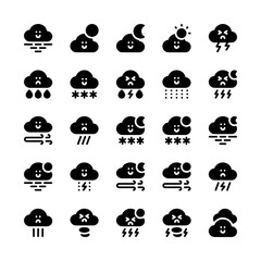 Set of cute weather cloud glyph style icon and illustration