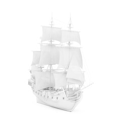 White Vintage Tall Sailing Ship, Caravel, Pirate Ship or Warship in Clay Render Style. 3d Rendering © doomu