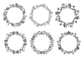 Floral black and white seamless border with floral style. Set of cute decorative elements in the circle frame for wedding invitations and birthday cards