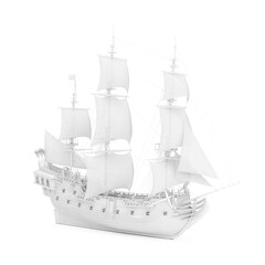 White Vintage Tall Sailing Ship, Caravel, Pirate Ship or Warship in Clay Render Style. 3d Rendering