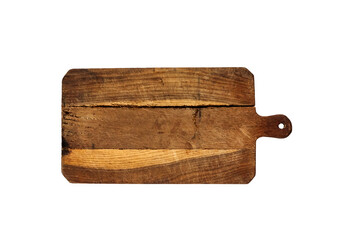 Old wooden cutting board isolated on white background