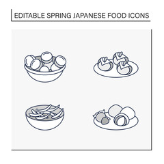 Japanese food line icons. Spring delicates. Ichigo daifuku, ikanago, sakura mochi, ume. Tradition meal. Isolated vector illustrations.Editable stroke