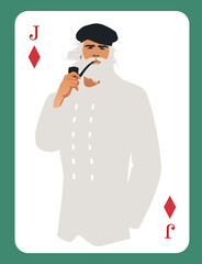 Jack or King of Diamonds. Old Salt. Man wearing cap and navy clothes, smoking a pipe, isolated on white background