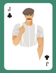 Jack or King of Clubs. Handsome man with mustache and beret wearing retro work clothes isolated on white background