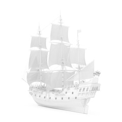 White Vintage Tall Sailing Ship, Caravel, Pirate Ship or Warship in Clay Render Style. 3d Rendering