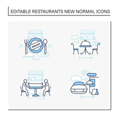 Restaurant new normal line icons set.Private dining, outdoor dining, social distancing, drive in dining. Regulation through covid19.New rules concept. Isolated vector illustrations.Editable stroke