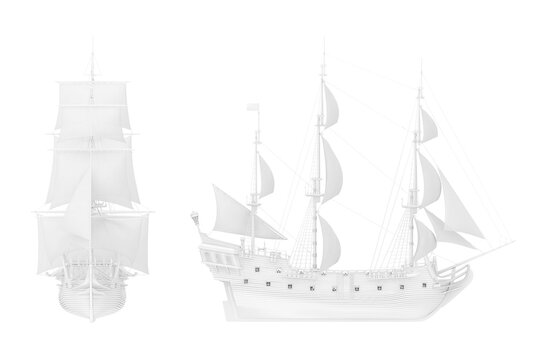 White Vintage Tall Sailing Ship, Caravel, Pirate Ship or Warship in Clay Render Style. 3d Rendering