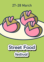 Sakura mochi brochure. Japanese holiday dish. Sweets on plate template. Street food festival. Flyer, magazine, poster, book cover, booklet. Spring Japanese food infographic concept