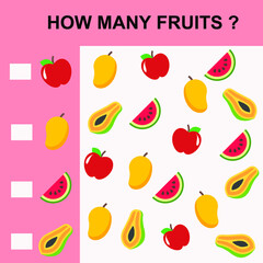 How many fruits children knowledge with apple mango watermelon papaya flat concept design