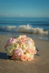 Bridal bouquet on the sandy beach with sea and waves in background