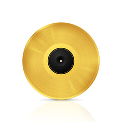 Golden musical vinyl record. Vector image with reflection on white background