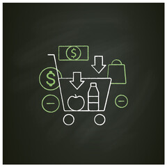 Buy less chalk icon.Basket with necessary products. Milk, fruit. Thoughtful spending money. Purchase only necessary products.Mindful spending. Isolated vector illustration on chalkboard