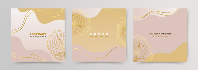 Set of square covers with luxury elegant minimalist backgrounds. Social media stories and post templates. Greeting card and invitation. Vector floral shapes, gold on pink beige background.