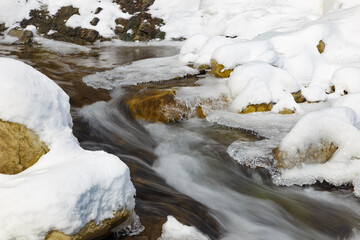 scenic fast mountain river in snow and ice