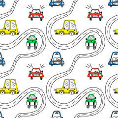 Vector seamless pattern with colorful cute cars on a doodle-style white background. Children's illustration for pajamas, children's room, wallpaper, postcards, holidays