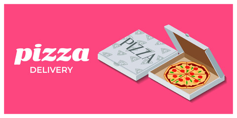 Delicious Italian fast food. Pizza delivery. Pepperoni cheese pizza and carton package box in 3D vector isometric illustration 