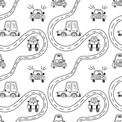 Vector seamless pattern with a variety of cute cars and a road on a doodle-style white background Children's illustration for pajamas, children's room, wallpaper, postcards, holidays © Vasia_illi