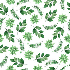 Seamless pattern with green  leaves and succulent plant. Hand drawn watercolor illustration. - 423057290