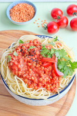 Spicy spaghetti with vegetarian lentil bolognese sauce