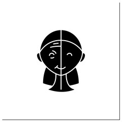 Cosmetic injection glyph icon.Before and after injection. Face lifting. Rejuvenation. Comparison. Vaccination effect.Beauty cosmetic procedure.Filled flat sign. Isolated silhouette vector illustration