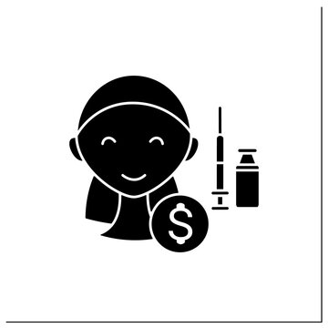 Cosmetic injection glyph icon. Perfect procedure price.Happy customer.Vaccine recruitment.Vaccination effect. Beauty cosmetic procedure concept.Filled flat sign.Isolated silhouette vector illustration