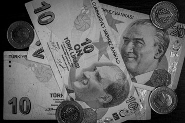 Turkish lira bill with coins