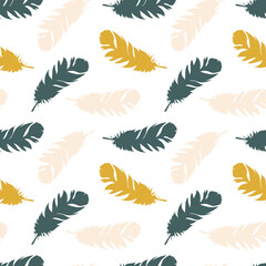 Creative bird feathers. Seamless pattern in trendy colors for printing on fabric, paper, interior design, bedding, decorative textiles. 
