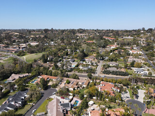 Aerial view of Rancho Santa Fe neighborhood with big mansions with pool in San Diego, California, USA. Aerial view of residential modern luxury house.