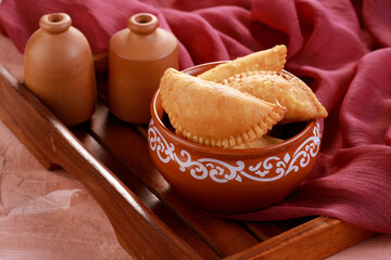 Indian Traditional Sweet Food Gujiya or Gujia made during the Holi Festival