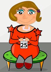 Mature female performer sits on a green stool with her number waiting to be called to perform in a casting.