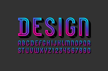 3D colored font, trendy bright alphabet, condensed letters and numbers, vector illustration 10EPS