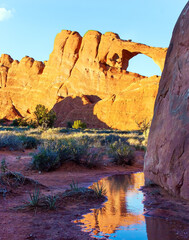 Red rock and blue sky reflected in puddle