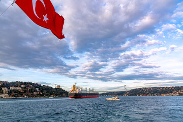 A cargo ship passes through the Bosphorus Strait in Turkey