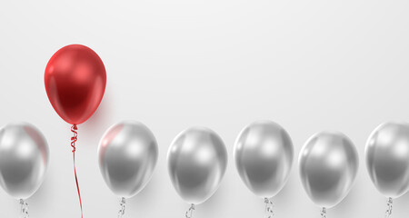 Banner with realistic silver, red  ballons and ribbons, serpentine. Vector illustration for card, party, design, flyer, poster, decor, banner, web, advertising. 