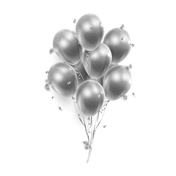 Bouquet, bunch of realistic transparent,  silver ballons and ribbons, serpentine, confetti. Vector illustration for card, party, design, flyer, poster, decor, banner, web, advertising. 