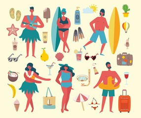Set of different vector summer people and icons
