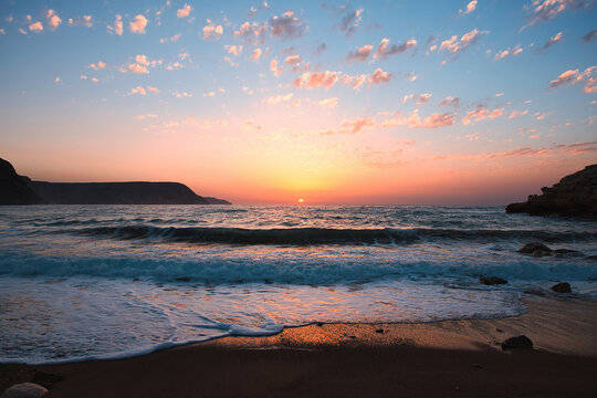 View of a cove at sunrise, in Las Negras, Cabo de Gata-Nijar Natural Park, Almeria, Spain