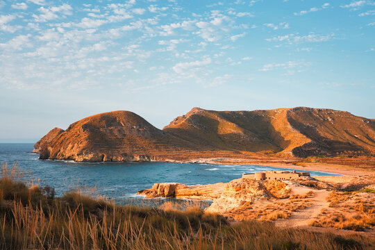 View of the castle of San Ramon, Cabo de Gata-Nijar Natural Park, Almeria, Spain