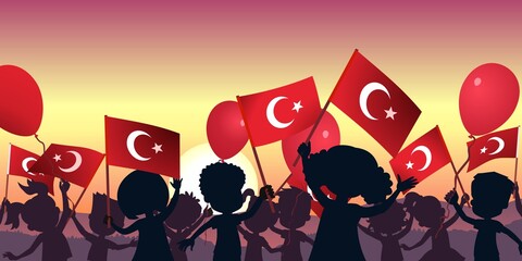 April 23 National Sovereignty and children's day poster design. Happy children who waved the flags of Turkey at sunset.