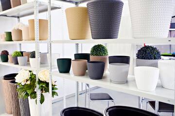 Plastic pots in store