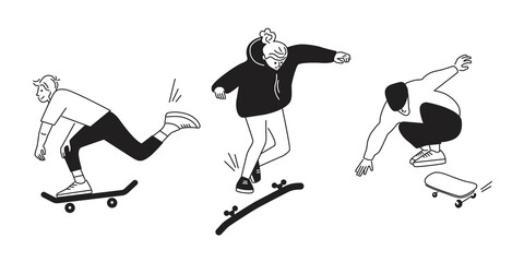 A team of skateboarders performing stunts. Riding and jumping guys with skates. Street skateboarding. Black and white characters set. Flat style vector design illustrations.
